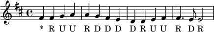 \relative c' { \key d \major
\set Staff.midiInstrument = #"cello"
fis4 fis g a a g fis e d d e fis fis4. e8 e2 }
\addlyrics { "*" R U U R D D D D R U U R D R }
