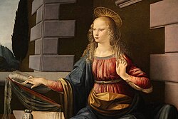 Leonardo da Vinci's Annunciation (c. 1472–1475), showing the Virgin Mary reading the Bible