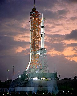 Pad 39B holding a Saturn IB on the "milkstool" launcher to be used for the Apollo-Soyuz Test Project (1975)