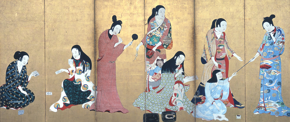 The kosode worn as outerwear. Note, compared to modern kimono, the wider cut of the body, unisex narrow obi and shorter sleeves. Matsuura byōbu, c. 1650, Azuchi-Momoyama period.