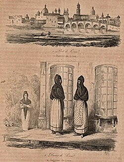 View of Lima and the Tapada limeña (a colonial women fashion) in a painting of 1842 by d'Orbigny and Benoît. Museum of the Americas, Spain.[32]