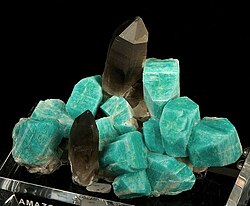 Two smoky quartz crystals surrounded by amazonite crystals, from Smoky Hawk Mine, Crystal Peak, Teller County, Colorado. Size: 11.0 cm × 8.2 cm × 6.3 cm (4.3 in × 3.2 in × 2.5 in).