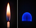 A comparison between the combustion of a candle on Earth (left) and in a microgravity environment, such as that found on the ISS (right)