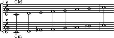 \new ChoirStaff \with { \omit TimeSignature } << \new Staff \relative c' { \time 7/1 c1^\markup{"CM"} d e f g a b c }
\new Staff \relative c' { c1_\markup{"Cm"}^\markup { \hspace #1 \with-dimensions #'(0 . 0) #'(0 . 0) \translate #'(0 . -5) \draw-line #'(0 . 8) } d^\markup { \hspace #1 \with-dimensions #'(0 . 0) #'(0 . 0) \translate #'(0 . -4.5) \draw-line #'(0 . 8) } es f^\markup { \hspace #1 \with-dimensions #'(0 . 0) #'(0 . 0) \translate #'(0 . -3.5) \draw-line #'(0 . 8) } g^\markup { \hspace #1 \with-dimensions #'(0 . 0) #'(0 . 0) \translate #'(0 . -3) \draw-line #'(0 . 8) } aes bes c^\markup { \hspace #1 \with-dimensions #'(0 . 0) #'(0 . 0) \translate #'(0 . -1.5) \draw-line #'(0 . 8) } } >>