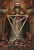 An anonymous 18th century Catholic painting from the Peruvian Cuzco School. This work depicts the Holy Triune God; one in essence, with three persons.