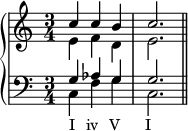 \new PianoStaff <<
\new Staff <<
\new Voice \relative c'' {
\stemUp \clef treble \key c \major \time 3/4
c4 c b c2.
}
\new Voice \relative c' {
\stemDown
e4 f d e2.
}
>>
\new Staff <<
\new Voice \relative c' {
\stemUp \clef bass \key c \major \time 3/4
g4 aes g g2.
}
\new Voice \relative c {
\stemDown
c4_\markup { \concat { "I" \hspace #1.5 "iv" \hspace #1.5 "V" \hspace #3.5 "I" } } f g c,2. \bar "||"
}
>>
>>