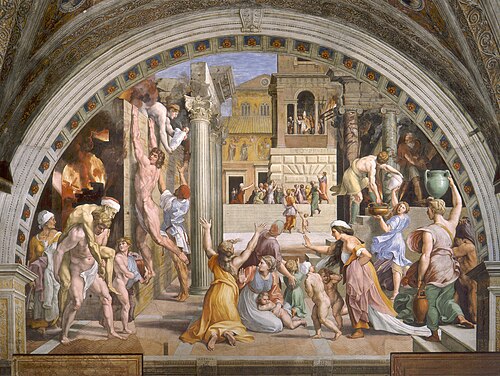 The Fire in the Borgo (1514), Stanza dell'incendio del Borgo, painted by the workshop to Raphael's design
