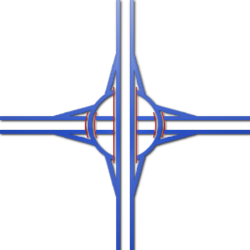 Roundabout interchange: very common in the United Kingdom as either a junction or exit