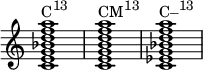 {
\override Score.TimeSignature #'stencil = ##f
\relative c' {
\clef treble
\time 4/4
\key c \major
<c e g bes d f a>1^\markup { \concat { "C" \raise #1 \small "13" } }
<c e g b d f a>^\markup { \concat { "CM" \raise #1 \small "13" } }
<c ees g bes d f a>^\markup { \concat { "C–" \raise #1 \small "13" } }
} }