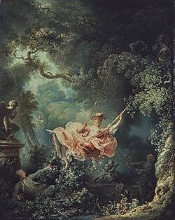 A young woman in a billowing pink dress swings high in a lush, overgrown garden, while a young man hidden in the bushes looks up at her.