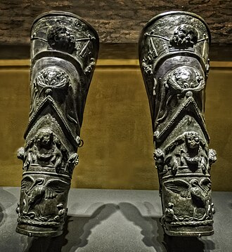 Ornate gladiator shin guards from Pompeii