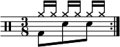 
    \new Staff <<
       \new voice \relative c' {
           \clef percussion
           \numericTimeSignature
           \time 3/8
           \set Score.tempoHideNote = ##t \tempo 4. = 80
           \stemDown \repeat volta 2 { g8 d' d }
       }
       \new voice \relative c'' {
           \override NoteHead.style = #'cross
           \stemUp \repeat volta 2 { a16[ a] a[ a] a[ a] }
       }
   >>