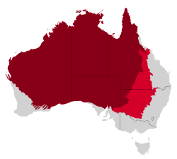 Red and dark red areas form the Outback; dark red and striped areas form the modern Outback.[a]