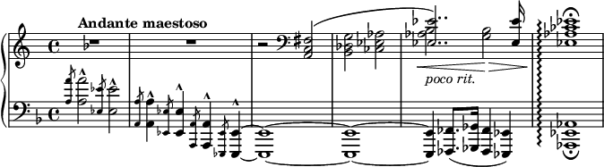 {
\relative c' { \new PianoStaff << \set PianoStaff.connectArpeggios = ##t
\new Staff { \key f \major \tempo "Andante maestoso"
R1 R r2 \clef F << { <a, c fis>2\(
\stemDown <bes des g> <ces ees aes> \stemUp <ees ees'>2..\) q16 s1 } \\
{ \stemNeutral s2*3 <aes bes>2\<_\markup\italic{poco rit.} <g bes>\>
<ees aes ces ees>1\arpeggio\!^\fermata } >>
}
\new Staff { \clef F \key f \major
\slashedGrace { <a a'>8 } <a a'>2^^ \slashedGrace { <ees ees'>8 } <ees ees'>2^^
\slashedGrace { <a, a'>8 } <a a'>4^^ \slashedGrace { <ees ees'>8 } <ees ees'>4^^
\slashedGrace { <a, a'>8 } <a a'>4^^ \slashedGrace { <ees ees'>8 } <ees ees'>4^^~q1~q~
q4 <fes fes'>8. ( <ges ges'>16 <fes fes'>4 <ees ees'> )
<aes ees' aes>1\arpeggio_\fermata %<!-- can't get fermata on the barline to work here -->
}
>> } }