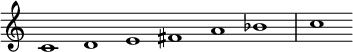 {
\override Score.TimeSignature #'stencil = ##f
\set Score.tempoHideNote = ##t
\tempo 1 = 120
\relative c' {
\cadenzaOn
c1 d e fis a bes \bar "|" c
} }