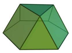 Triangular cupola: Another Johnson solid, this has one regular hexagon face, three square faces, and four equilateral triangle faces.[16]