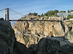A suspension bridge crossing a deep rocky ravine
