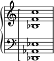 \new PianoStaff <<
\set PianoStaff.connectArpeggios = ##t
\override PianoStaff.Arpeggio.stencil = #ly:arpeggio::brew-chord-bracket
\new Staff \relative {
\omit Staff.TimeSignature
<bes f' c'>1\arpeggio
}
\new Staff \relative {
\clef bass
\omit Staff.TimeSignature
<des, aes' ees'>1\arpeggio
}
>>