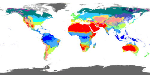 Map of world dividing climate zones, largely influenced by latitude. The zones, going from the equator upward (and downward) are Tropical, Dry, Moderate, Continental and Polar. There are subzones within these zones.