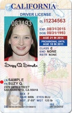 A 2010 sample of a California driver's license, showing a fictitious young man named "Ricardo A. Sample"