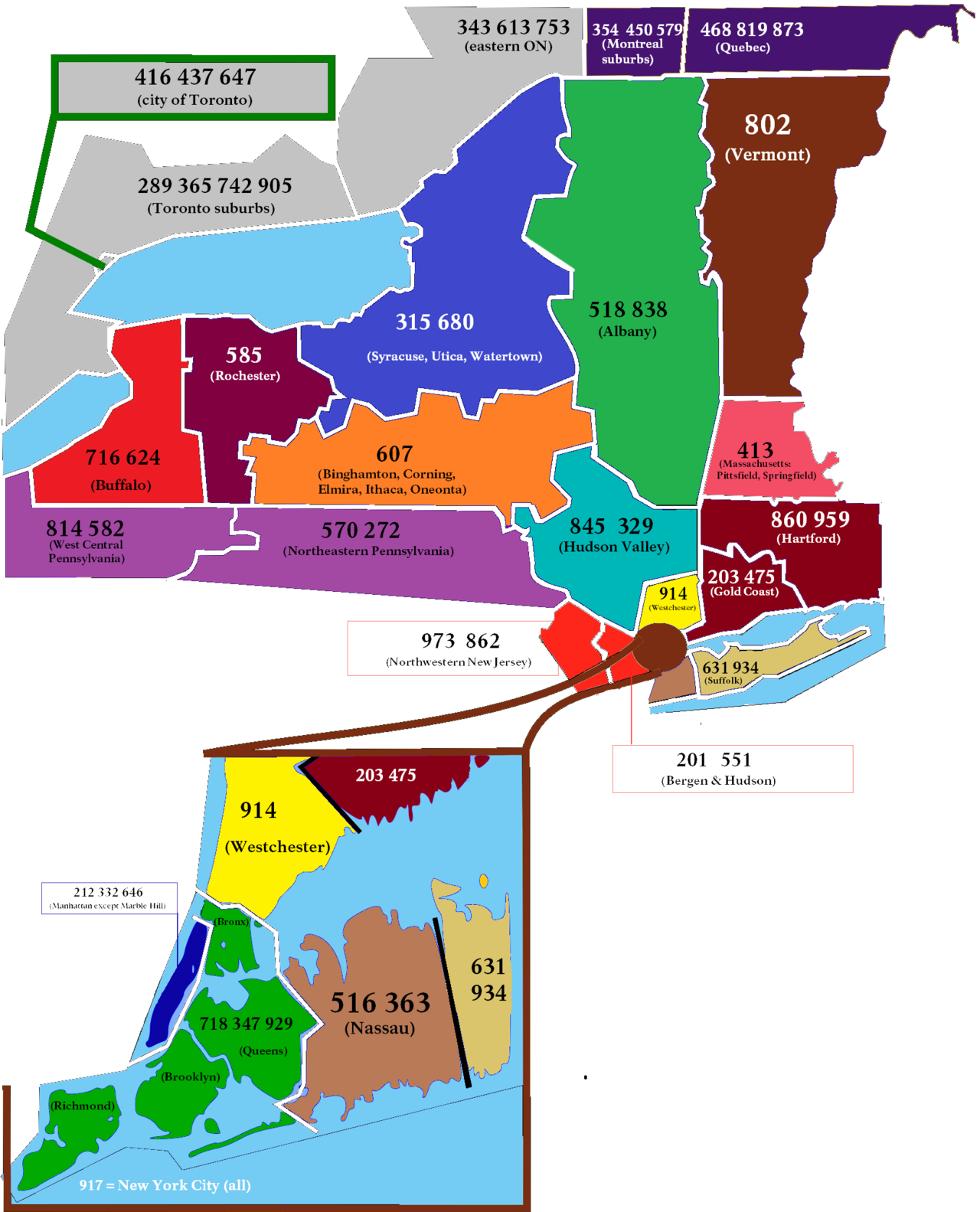 New York State and surrounding areas Area codes Jan 2024.png