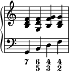 {
\override Score.TimeSignature #'stencil = ##f
\new PianoStaff <<
\new Staff <<
\relative c' {
\clef treble \time 4/4
<b d f>4 <g d' f> <b f' g > <b d g>
}
>>
\new Staff <<
\relative c {
\clef bass \time 4/4
g4 b d f
}
\figures {
<7>4 <6 5> <4 3> <4 2>
}
>>
>> }