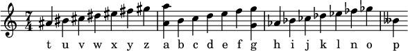 {
<<
\new Voice = "one" {
\relative c''{
\time 7/4
ais bis cis dis eis fis gis
<a a,> b, c d e f <g g,>
as, bes ces des es fes ges
beses,
}
}
\new Lyrics \lyricsto "one" {
t u v w x y z
a b c d e f g
h i j k l n o
p
}
>>
}