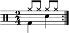 \new Staff <<
\new voice \relative c' {
\clef percussion
\numericTimeSignature
\time 2/4
\set Score.tempoHideNote = ##t \tempo 4 = 100
\stemDown \repeat volta 2 { g4 d' }
}
\new voice \relative c'' {
\override NoteHead.style = #'cross
\stemUp \repeat volta 2 { a8 a a a }
}
>>