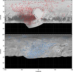 The distribution of numerous impact craters and basins on both Pluto and Charon. The variation in density (with none found in Sputnik Planitia) indicates a long history of varying geological activity. Precisely for this reason, the confidence of numerous craters on Pluto remain uncertain.[126] The lack of craters on the left and right of each map is due to low-resolution coverage of those anti-encounter regions.
