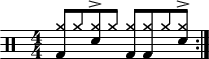 \version "2.22.0"
\header { tagline = ##f}
\score {
\drums \with {midiInstrument = "drums"}
\with { \numericTimeSignature }
{
\repeat volta 2 {
\stemUp
<cymra bd>8 cymra <cymra sne>^> cymra <cymra bd> <cymra bd> cymra <cymra sne>^>\break
}
}
\layout {}
}
\score {
\unfoldRepeats {
\drums \with {midiInstrument = "drums"}{
\repeat volta 2 {
\stemUp
<cymra bd>8 cymra <cymra sne>^> cymra <cymra bd> <cymra bd> cymra <cymra sne>^>\break
}
}
}
\midi { \tempo 4 = 120 }
}