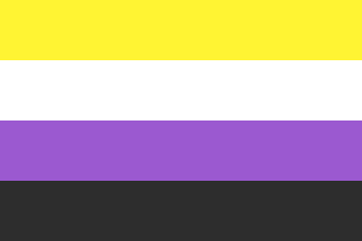 A flag consisting of four equal-spaced horizontal stripes, from top to bottom: yellow, white, purple, and black.