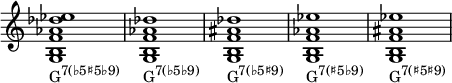 {
\override Score.TimeSignature #'stencil = ##f
\relative c' {
\clef treble
\time 4/4
\key c \major
\textLengthOn
<g b f' aes des es>1_\markup { \concat { "G" \raise #1 \small { "7(♭5♯5♭9)" } } }
<g b f' aes des>_\markup { \concat { "G" \raise #1 \small { "7(♭5♭9)" } } }
<g b f' ais des>_\markup { \concat { "G" \raise #1 \small { "7(♭5♯9)" } } }
<g b f' aes es'>_\markup { \concat { "G" \raise #1 \small { "7(♯5♭9)" } } }
<g b f' ais es'>_\markup { \concat { "G" \raise #1 \small { "7(♯5♯9)" } } }
} }
