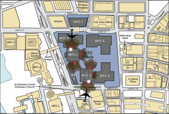 World Trade Center and the surrounding area as seen from directly above depicting where the two planes impacted the towers
