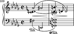 {
\new PianoStaff <<
\new Staff <<
\new Voice \relative c'' {
\set Score.currentBarNumber = #109
\bar ""
\clef treble \key bes \minor \time 2/2
\override DynamicLineSpanner.staff-padding = #2.5
\voiceOne a2(\< ais b4.\> d,8 d2)\!
}
\new Voice \relative c' {
\clef treble \key bes \minor \time 2/2
\voiceTwo <c d>1 b1
}
\new Voice \relative c' {
\clef treble \key bes \minor \time 2/2
\voiceTwo d1~ \stemUp d4.
}
>>
\new Staff <<
\new Voice \relative c {
\clef bass \key bes \minor \time 2/2
fis2\sustainOn_( d, <g d' g>1\sustainOff\sustainOn)
}
>>
>> }