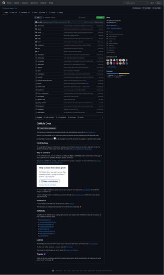 files of the "github/docs" repository, with a readme file, contributor, committed date, etc.