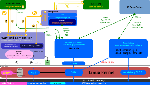 Wayland compositor and its clients use EGL to draw directly into the framebuffer; X.Org Server with XWayland and Glamor.
