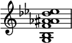 {
\override Score.TimeSignature #'stencil = ##f
\relative c' {
\clef treble
\time 4/4
\key c \major
\textLengthOn
<g b f' aes ais des es>1
} }