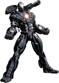 A full body suit of armor sims several guns attached to it
