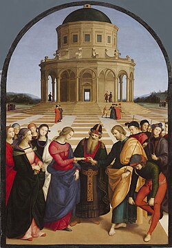 Wedding of the Virgin, Pinacoteca di Brera. Raphael's most sophisticated altarpiece of this period