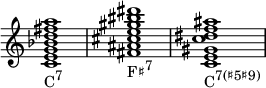 {
\override Score.TimeSignature #'stencil = ##f
\relative c' {
\clef treble
\time 4/4
\key c \major
\textLengthOn
<c e g bes d fis a>1_\markup { \concat { "C" \raise #1 \small { "7" } } }
<fis ais cis e gis bis dis>_\markup { \concat { "F♯" \raise #1 \small { "7" } } }
<c e gis c dis f ais>_\markup { \concat { "C" \raise #1 \small { "7(♯5♯9)" } } }
} }