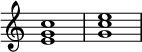 {
\override Score.TimeSignature #'stencil = ##f
\relative c' {
\clef treble
\time 4/4
\key c \major
<e g c>1
<g c e>
} }