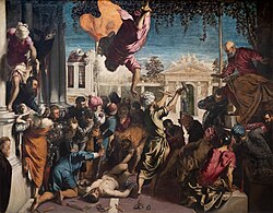Miracle of the Slave by Tintoretto (c. 1548). The son of a master dyer, Tintoretto used Carmine Red Lake pigment, derived from the cochineal insect, to achieve dramatic color effects.