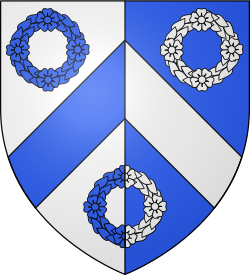Arms of Baron Alvingham Per pale argent and azure, on a chevron between three chaplets of roses counterchanged