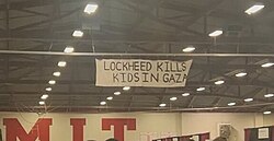 Sign above MIT fall career fair, protesting Lockheed Martin's presence, September 20, 2024.