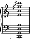 \new PianoStaff <<
\set PianoStaff.connectArpeggios = ##t
\override PianoStaff.Arpeggio.stencil = #ly:arpeggio::brew-chord-bracket
\new Staff \relative {
\omit Staff.TimeSignature
<e' b' fis' cis'>1\arpeggio
}
\new Staff \relative {
\clef bass
\omit Staff.TimeSignature
<c, g' d' a'>1\arpeggio
}
>>