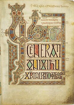 Folio 27r from the Lindisfarne Gospels ( 700) contains the incipit from the Gospel of Matthew.