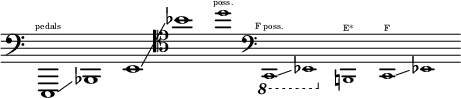 \layout { ragged-right = ##t \context { \Score \omit BarNumber } }
{
\new Staff \with { \remove "Time_signature_engraver" }
\clef bass \key c \major \cadenzaOn
e,,1 ^ \finger \markup \text "pedals"
\glissando
bes,,1
e,1
\glissando
\clef tenor bes'1
\tweak font-size #-2 d''1 ^ \finger \markup \text "poss."
\clef bass
\ottava #-1
\tweak font-size #-2 c,,1 ^ \finger \markup \text "F poss."
\glissando
\tweak font-size #-2 ees,,1
\ottava #0
\tweak font-size #-2 b,,1 ^ \finger \markup \text "E*"
\tweak font-size #-2 c,1 ^ \finger \markup \text "F"
\glissando
\tweak font-size #-2 ees,1
}