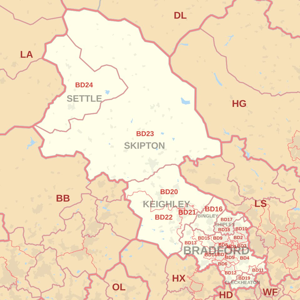 BD postcode area map, showing postcode districts, post towns and neighbouring postcode areas.