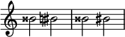 { \omit Score.TimeSignature \relative c'' {
bisis2 bis \accidentalStyle modern bisis2 bis } }