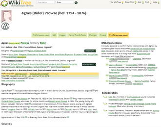 Screenshot of the WikiTree profile for Agnes Prowse with personal details and a biography.